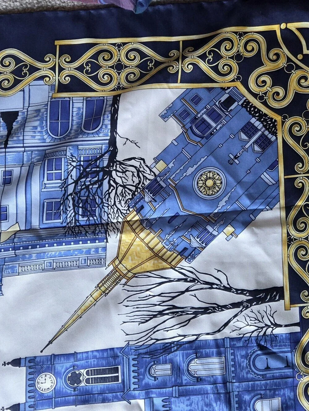 Cecy Jones J & J Designs Hand Rolled Square Silk Scarf Architecture Cityscape